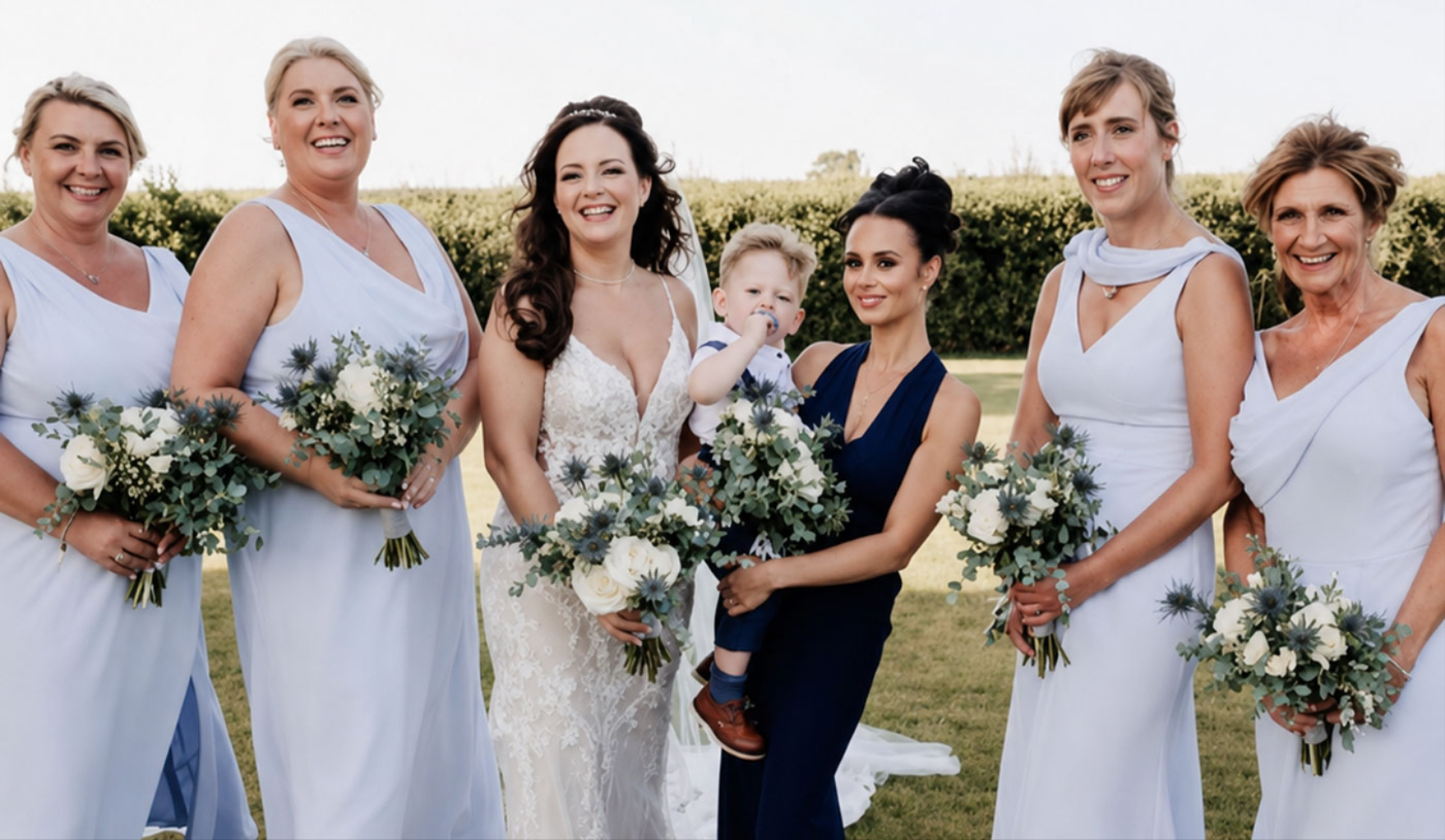 Wedding party with bridal party bouquets at an Oldham wedding
