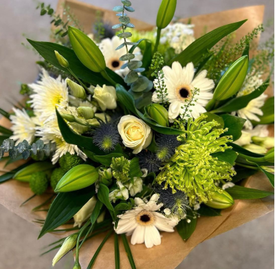 Pure Harmony - A fresh and contemporary hand-tied bouquet featuring a calming blend of crisp whites, vibrant greens and rich foliage. Carefully arranged with striking textures and elegant lines, this sophisticated design brings a natural sense of balance and tranquillity. Beautifully gift wrapped, it's a thoughtful choice for birthdays, celebrations, sympathy, thank you gifts or simply brightening someone's day.