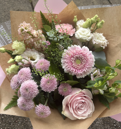 Pretty pink pastel bouquet - A beautiful handtied bouquet in a soft dreamy mix of today’s pastel blooms.